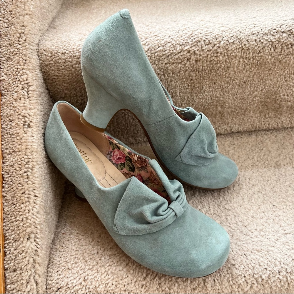 Hotter Donna Aqua Vintage Blue Suede Kitten Heel Pumps 10 Lagenlook Granny Bow